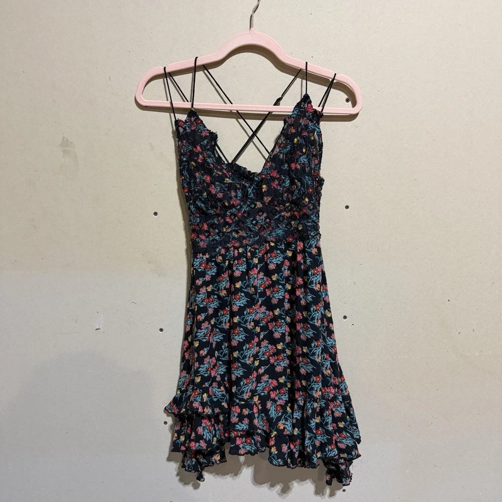 Free People Fp One Adella Slip Mini Dress Printed Lace Ruffle Festival Sz S Flaw